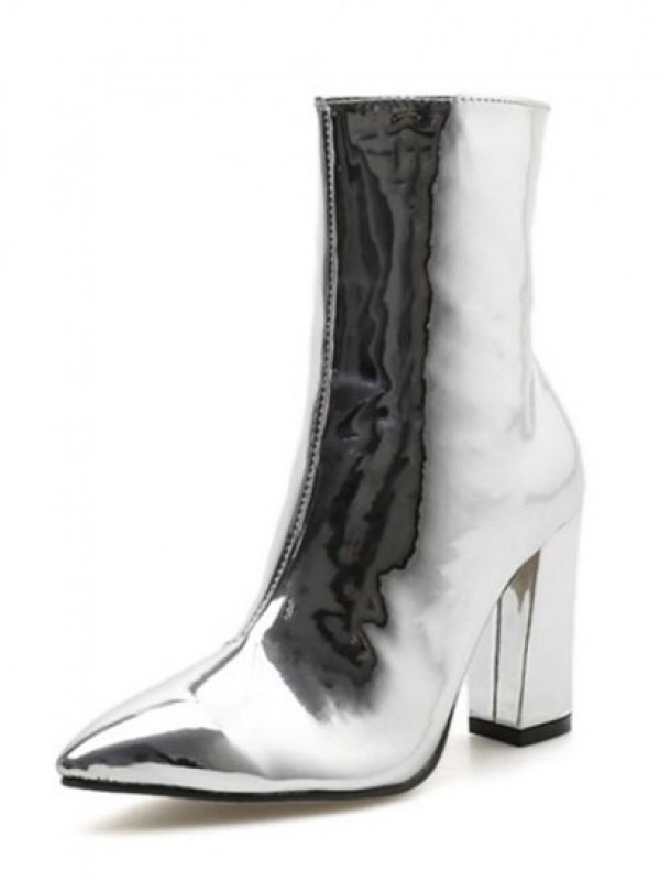 Patent Leather Chunky Heel Pointed Toe Boots