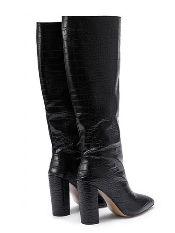 Embossed Chunky Heel Knee High Boots