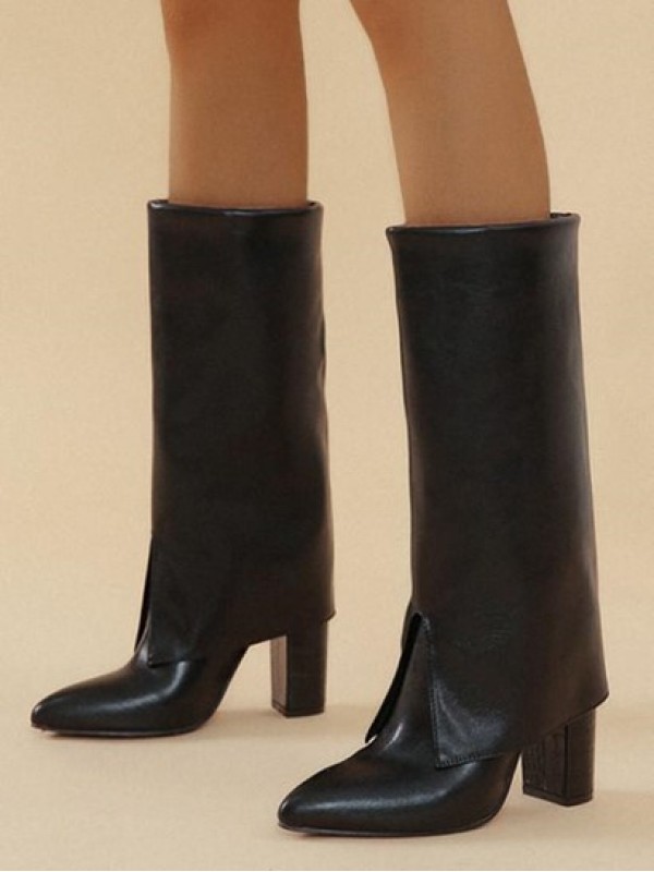 Chunky Heel Pointed Toe Fold Mid-calf Boots