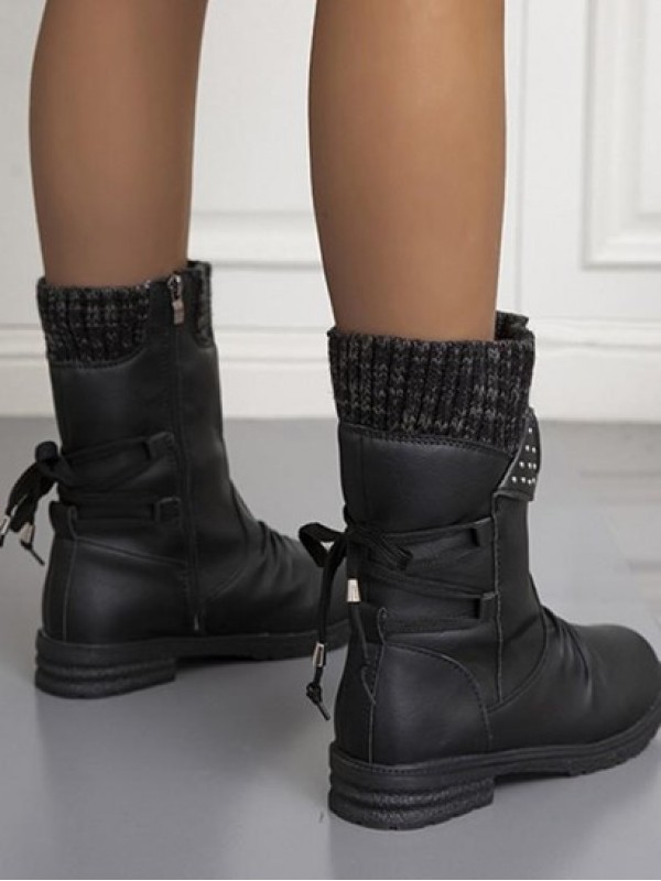 Retro Knitted Spliced Design Back Lace-up Fleece-lined Calf Boots