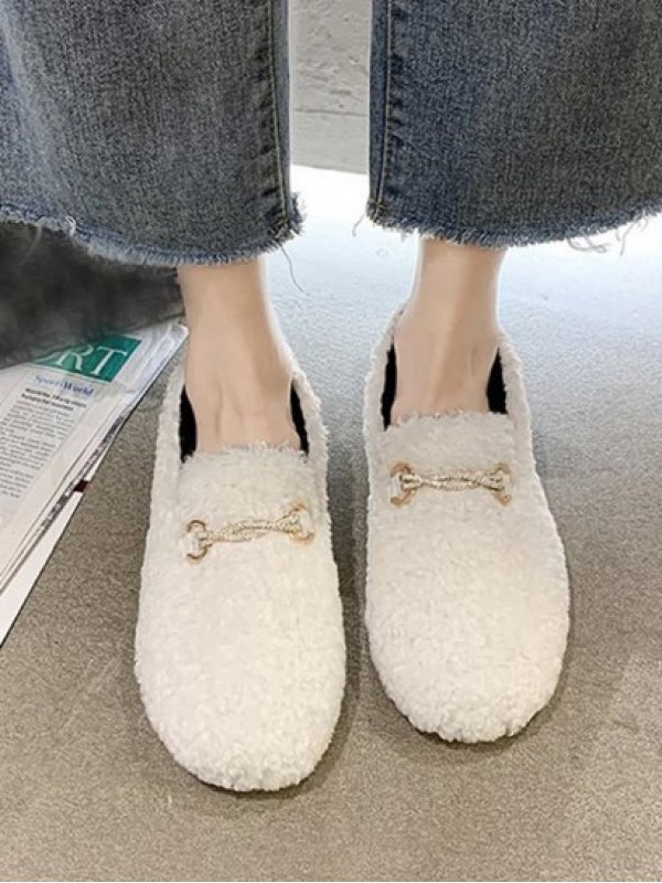 Round Toe Rhinestone Embellished Chain Fuzzy Shoes