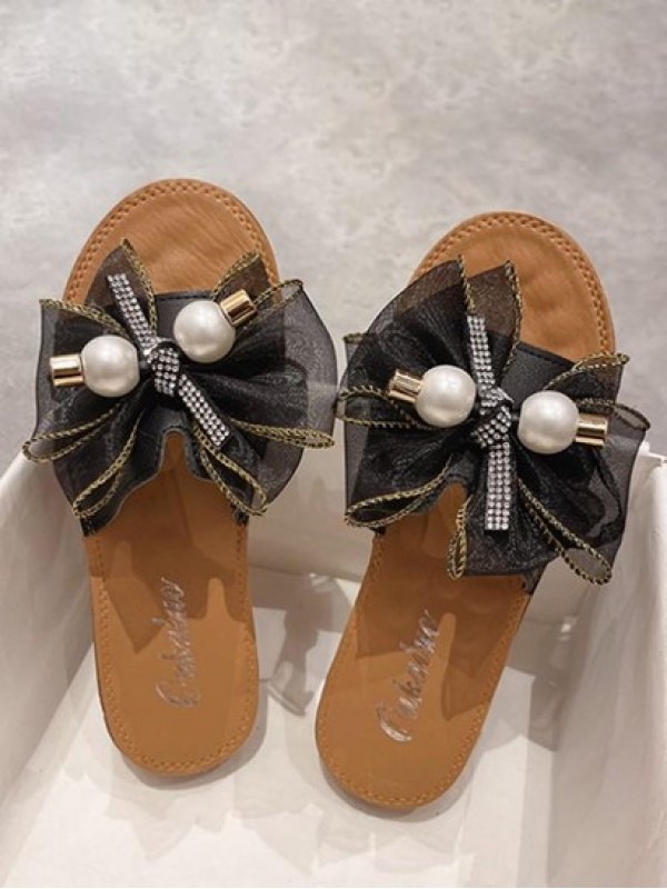 Bowknot Faux Pearl Flat Slippers