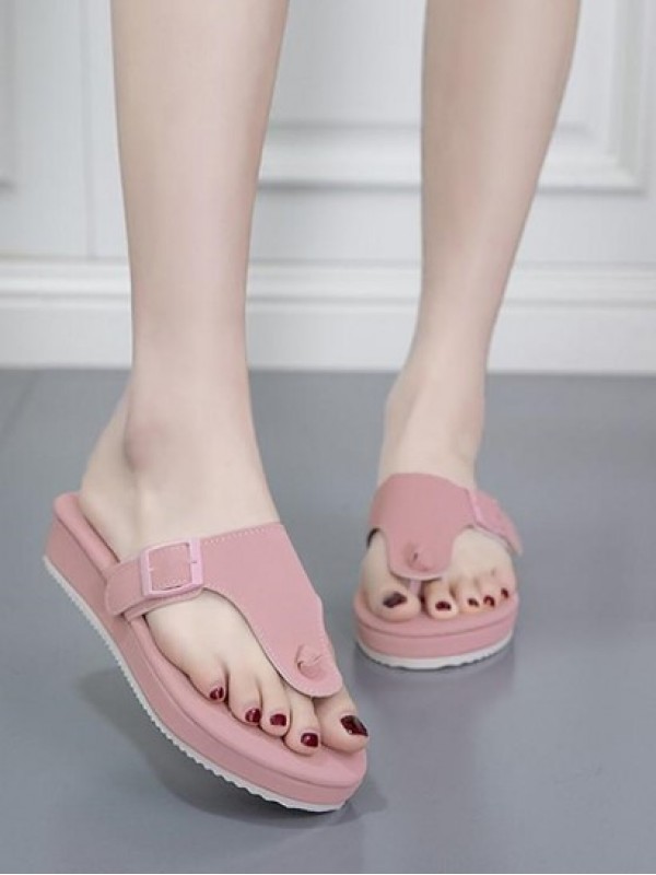 Thick Sole Buckle Belt T-Strap Slippers