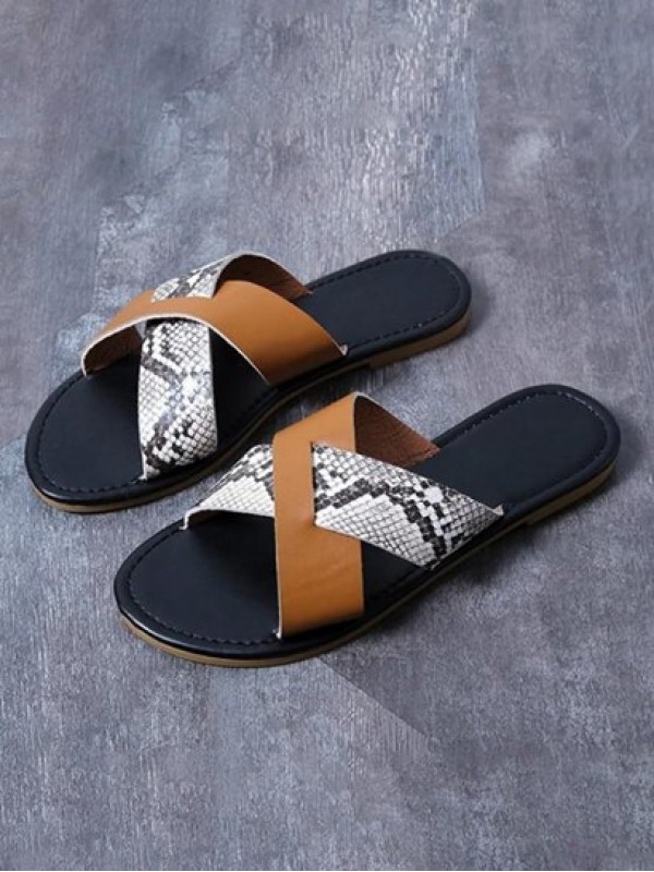 Leopard Print Cross Design Flat Sandals