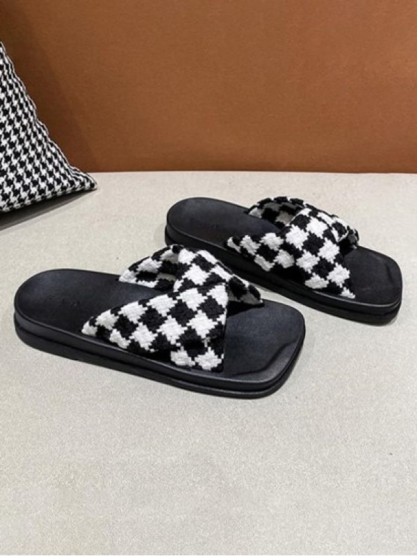 Knitting Plaid Cross Strap Flat Sandals