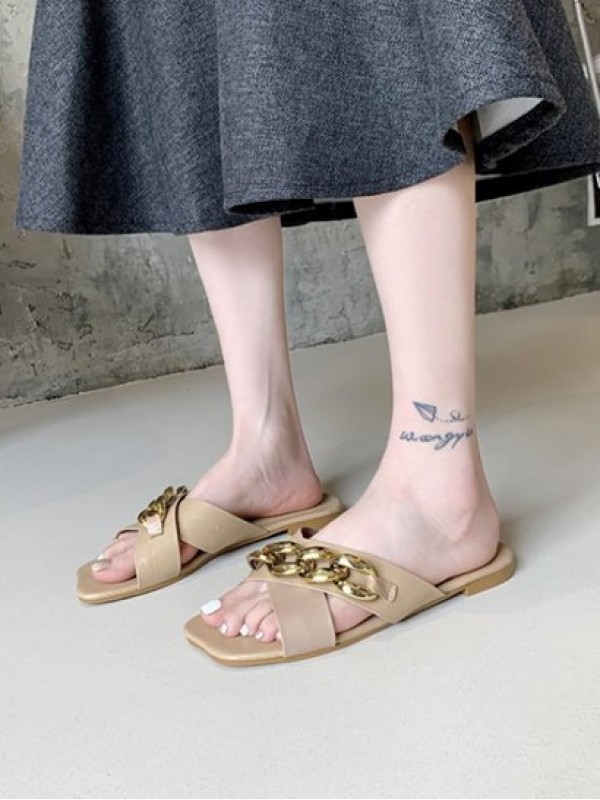 Square Toe Chain Cross Strap Slippers