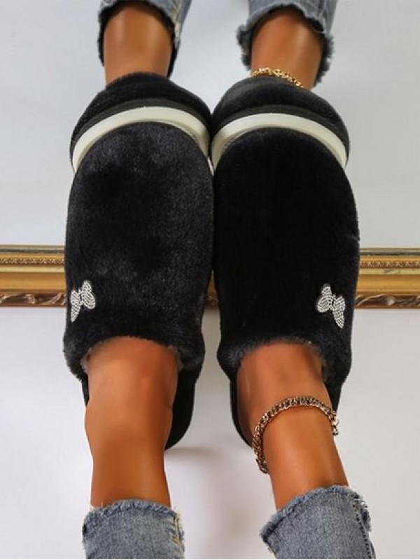 Fluffy Butterfly Applique Closed Toe Slippers