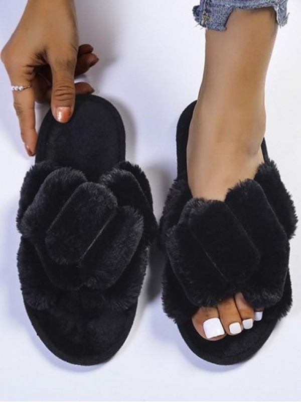 Criss Cross Fuzzy Open Toe Slippers