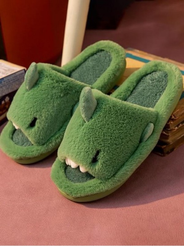 Couple Fluffy Shark Pattern Open Toe Slippers