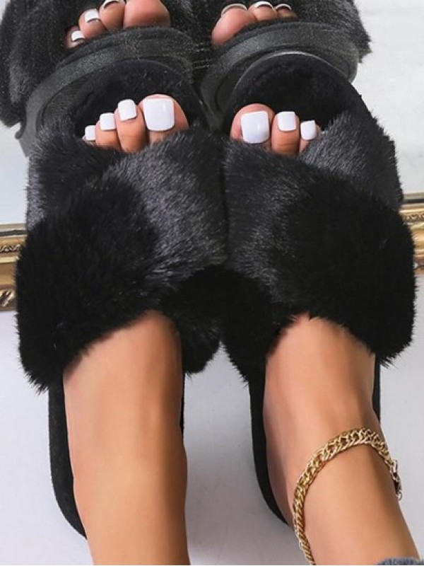 Criss Cross Fluffy Open Toe Slippers