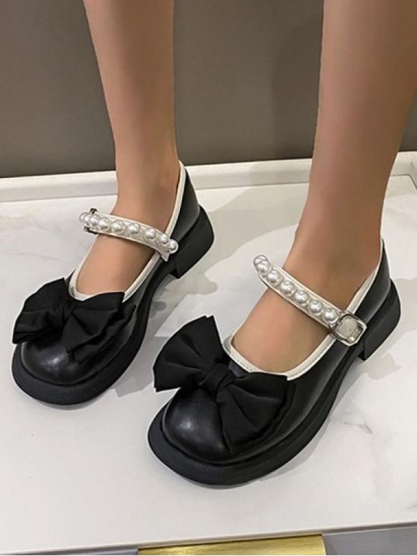 Bow Decor Faux Pearl Ankle Strap Mary Janes