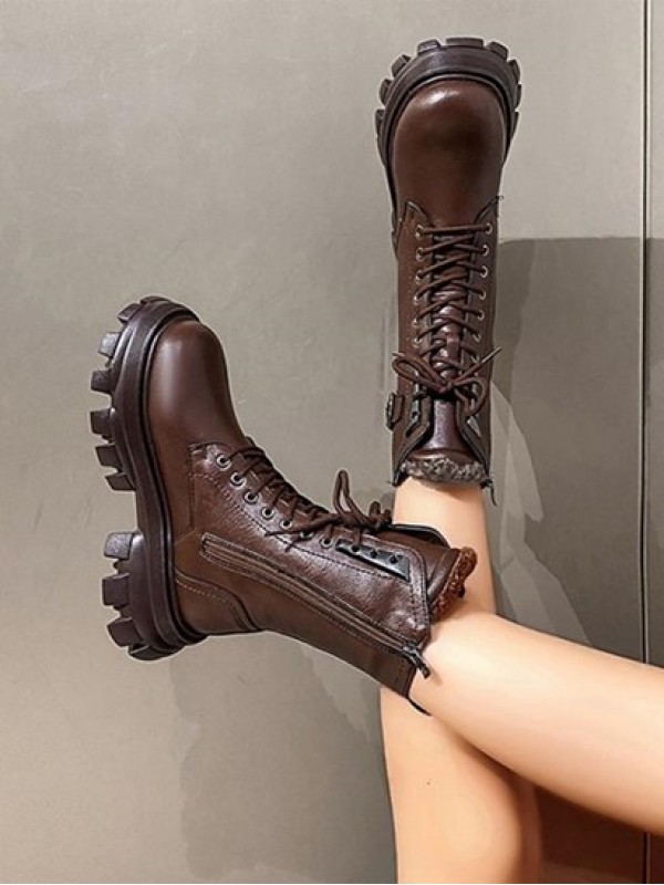 Buckle Back Lace Up Zipper Side Chunky Combat Boots