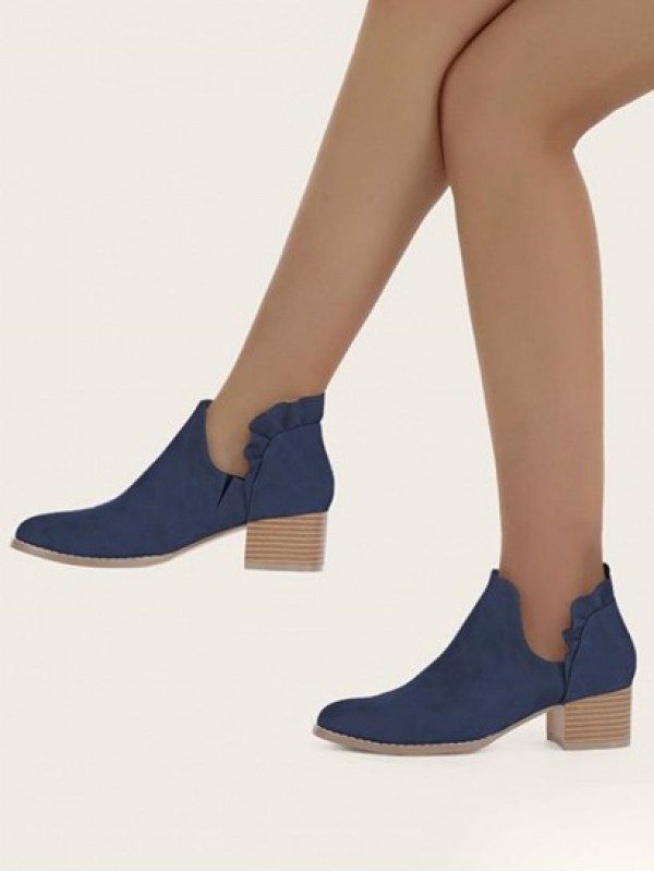 Chunky Heel Pointed Toe V Cut Ruffle Boots