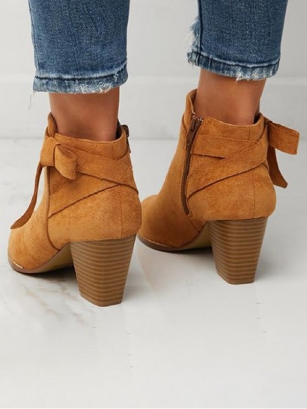 Faux Suede Bow Decor Chunky Heel Ankle Boots