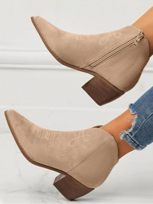 Faux Suede Topstitching Detail Chunky Heel Ankle Boots