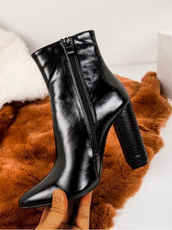 Side Zip Chunky Heel Pointed Toe Boots