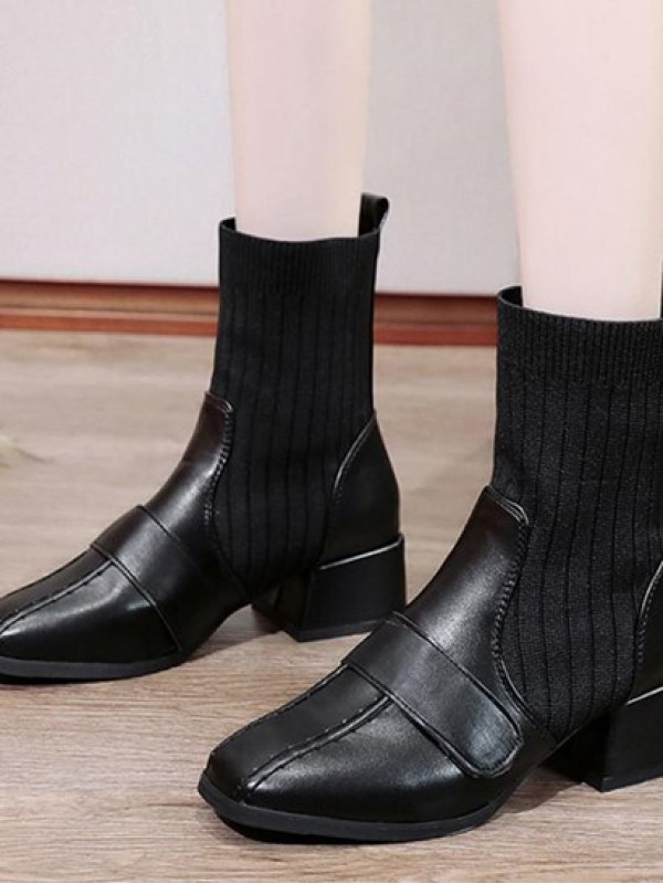 PU Knit Insert Pointed Toe Chunky Heeled Sock Style Boots