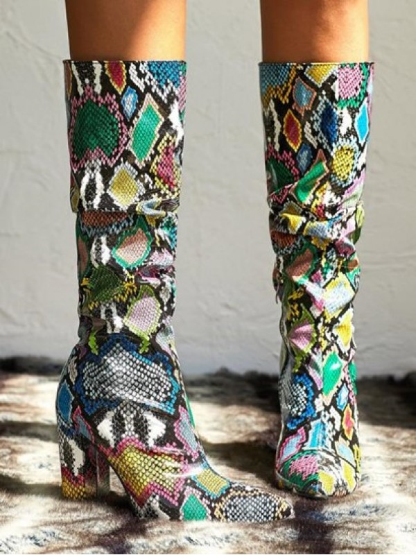 Colorful Snake Print Ruched Chunky Heel Mid-calf Boots