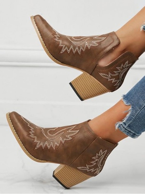 Chunky Heel V Cut Embroidered Western Ankle Boots