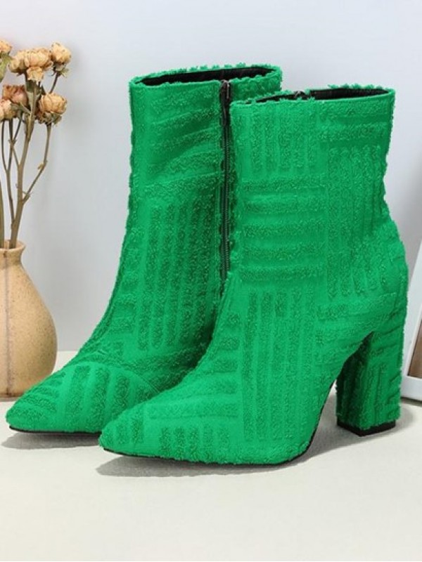 Terry Cloth Chunky Heel Pointed Toe Boots