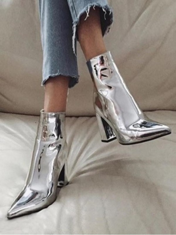 Patent Leather Chunky Heel Pointed Toe Boots