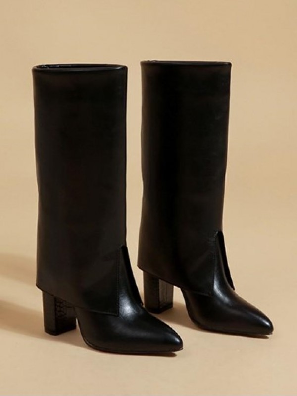 Chunky Heel Pointed Toe Fold Mid-calf Boots