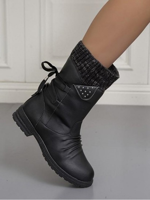 Retro Knitted Spliced Design Back Lace-up Fleece-lined Calf Boots