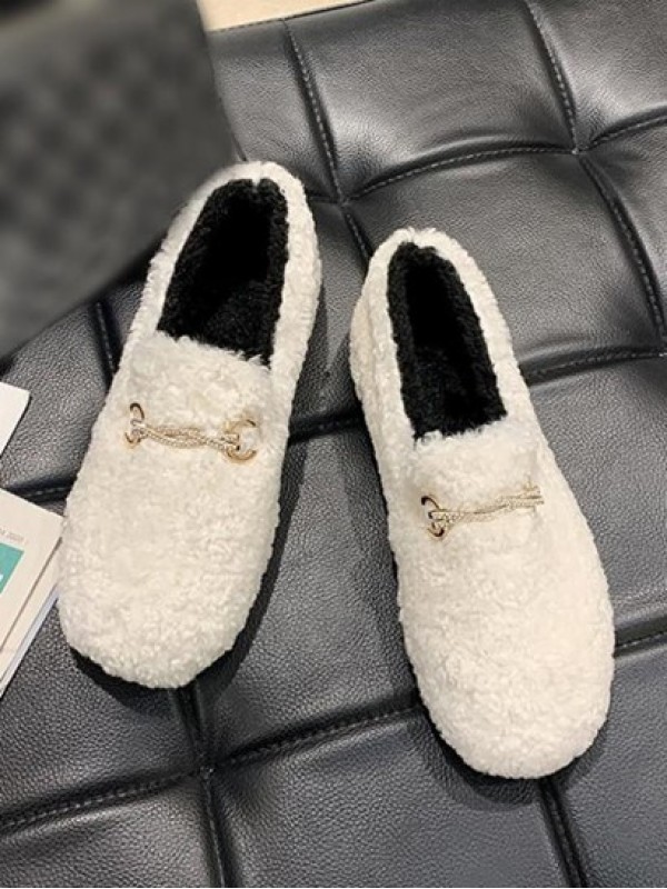 Round Toe Rhinestone Embellished Chain Fuzzy Shoes