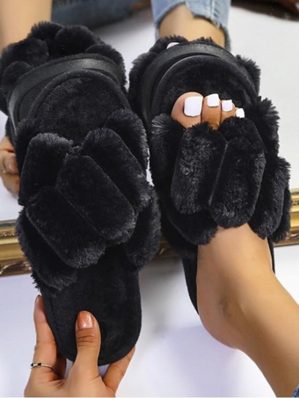 Criss Cross Fuzzy Open Toe Slippers